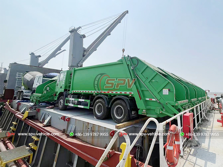 15 Unis of SPV Garbage Compactor Trucks Loaded onto Deck of Bulk Vessel